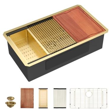 Imagem de Dcolora Pia de cozinha dourada de 91 cm, estação de trabalho com acessórios valiosos, aço inoxidável 304 de aço inoxidável de luxo nano-PVD, 91 x 48 x 25 cm, tigela única grande #DC-U2533007GW