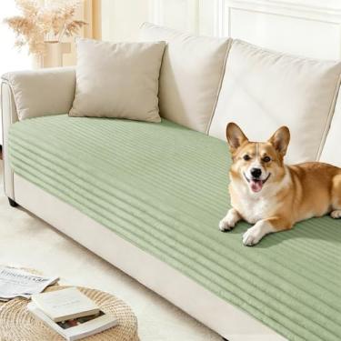 Imagem de Arfntevss Capas de assento Dog Love para sofá com 2 almofadas de pelúcia laváveis para cães que aceitam animais de estimação poltronas felpudas e protetoras de móveis antiderrapantes (verde listrado