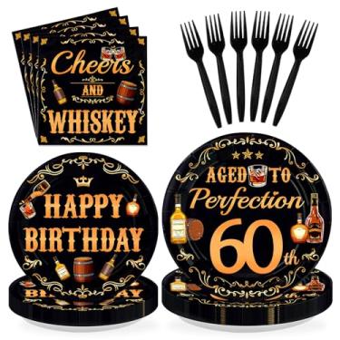 Imagem de 96 peças de artigos de uísque para festa de aniversário de 60 anos envelhecidos até a perfeição, 60 pratos e guardanapos, conjunto de utensílios de mesa descartáveis para homens vintage 60 anos de