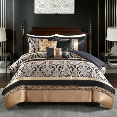 Imagem de CozyDH Conjunto de edredom jacquard dourado preto, 7 peças, design de patchwork, damasco luxuoso, para todas as estações, com saia para cama, fronhas, travesseiros decorativos, 228 x 228 cm