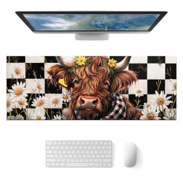 Imagem de HOMETITUTE Highland Cow Gaming Mousepad XL Mouse Pad Daisy Flowers 31,5 x 11,8 polegadas teclado antiderrapante protetor de mesa tapete de mouse pad grande para casa e escritório acessórios de mesa