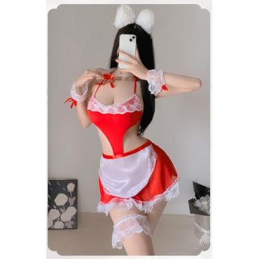 Imagem de Roupa de empregada sexy feminina, fantasia, cosplay, dramatização, conjunto de lingerie, perfeito para cosplay e fantasia, Vermelho, M