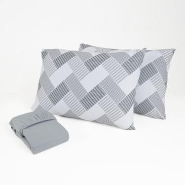 Imagem de Jogo de Cama Queen 3 Peças Malha 100% Algodão Lençol com Elástico Fronhas Estampadas Toque Macio(Trama cinza)