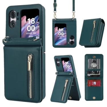 Imagem de Capa carteira flip Oppo Find N2, bolso com zíper com compartimentos para cartões, cordão e suporte, estilo fólio fino com recortes precisos e fecho magnético para uso diário e viagens (verde escuro)