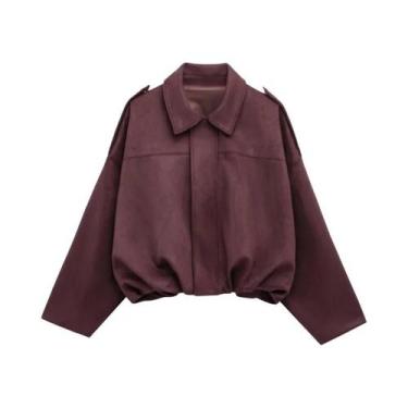 Imagem de Jaqueta Bomber Feminina De Camurça Manga Longa Com Zíper E Gola Lapela