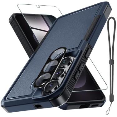 Imagem de Capa para Samsung Galaxy S26 com protetor de tela + capa de lente de câmera, capa de telefone resistente à prova de choque de grau militar com alça de pulso para Samsung S26, azul marinho