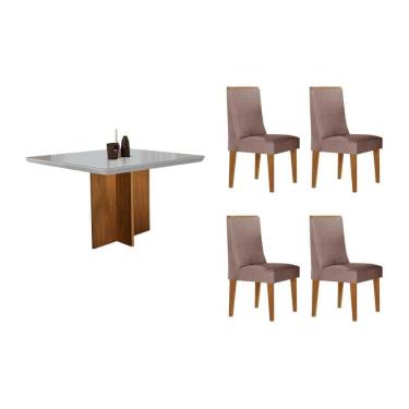 Imagem de Sala Jantar Mesa Berlim Tampo Curvo 90cm+4 Cadeiras Dakota Madeira Naturale - Capuccino/Linho Capuccino - Rufato