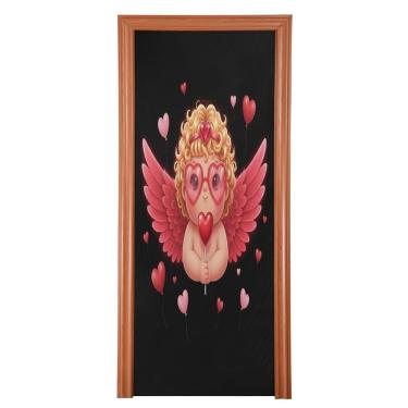 Imagem de ATTX Capa para porta da frente Cupido querubic Dia dos Namorados - Tecido elástico lavável decoração de férias para festas, casa, decoração de porta da frente, 91 x 98 polegadas (627)