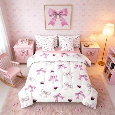 Imagem de Erosebridal Jogo de cama casal de 7 peças com laço e coração de amor em 3D, kawaii, roxo, em formato de coração, para crianças, meninas e mulheres