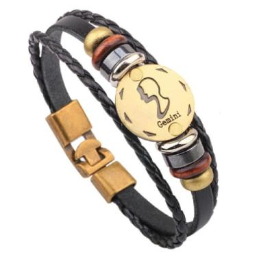 Imagem de Pulseira masculina e feminina de couro do zodíaco vintage punk com fecho multitrançado, presente fácil de colocar para ele e ela, One Size, Cristal, Ametista criada