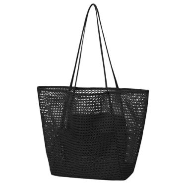 Imagem de Tocizhka Bolsa de praia de malha para mulheres, bolsa de ombro grande de verão com bolso interno, bolsa macia para piscina, essencial para viagens, natação, Preto, Large