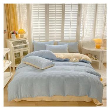 Imagem de Jogo de cama reversível, conjunto de capa de edredom duplo macio com lençóis, conjunto de cama respirável confortável (azul casal, 4 peças)