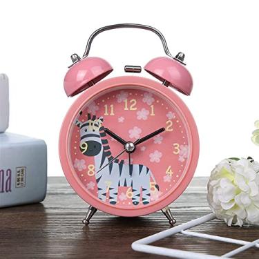 Imagem de Despertador para quarto desenho animado despertador quarto cabeceira sino de metal pequeno despertador crianças adorável padrão animal com luz noturna despertador relógio de mesa (rosa)