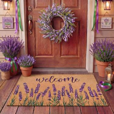 Imagem de Tingjoo 2 peças de capacho de lavanda de coco natural, guirlanda de verão e tapete de porta 43 x 73 cm, tapete de boas-vindas roxo lavanda e guirlanda de porta da frente para entrada de casa, pátio