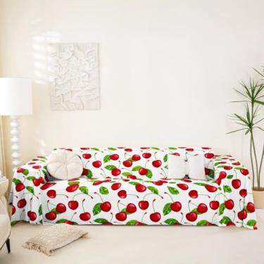Imagem de jejeloiu Capas de sofá fofas de cerejeira kawaii, frutas e animais de estimação, tema natural, padrão de folhas, vermelho, verde, 180 cm x 395 cm