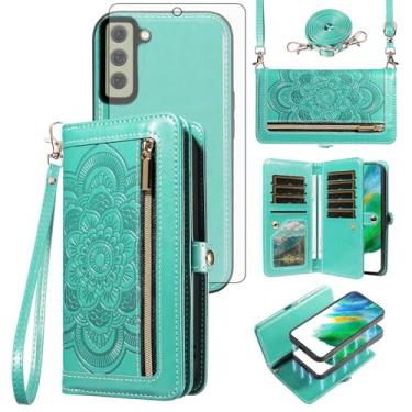 Imagem de Asuwish Capa de celular para Samsung Galaxy S21 FE 5G carteira com zíper com protetor de tela de vidro temperado alça de pulso flor flip porta-cartão S 21 EF S21FE5G UW S21FE 21S G5 16.3 cm feminino