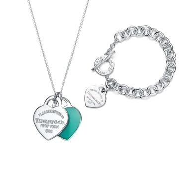 Imagem de Conjunto Tiffany Colar com Dois Pingentes de Coração Azul de Prata 925 e Pulseira Fecho T de Aço Inoxidável