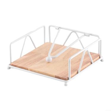 Imagem de Porta-guardanapos de madeira com alça de tensão ponderada, dispensador de papel de seda rústico para cozinha mesa de jantar bancada e uso interno ao ar livre, 18 x 18 x 7 cm preto/branco/dourado