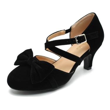 Imagem de Sapato social feminino Bow Mary Janes salto baixo gatinho bico fechado tira no tornozelo sapatos sociais confortáveis vintage casamento sapatos sociais, Camurça preta, 40