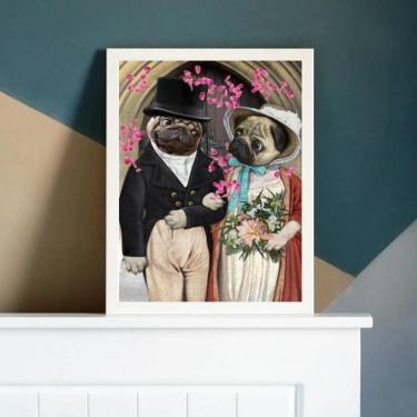 Imagem de Quadro Decorativo Casamento Pug 33X24 C/Vidro Madeira Branca