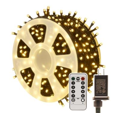 Imagem de Cordão de luzes de Natal de 164 m plugue, 500 luzes LED brancas quentes com controle remoto, 8 modos de iluminação, temporizador e memória, fio verde impermeável para árvore de Natal, férias internas