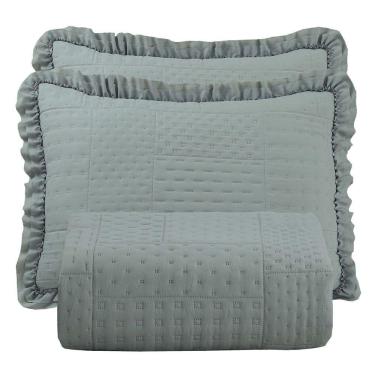 Imagem de Kit Cobre Leito Colcha Casa Scarpa Maison Queen C/ Babado Percal 300 Fios 3 Peças - Cinza
