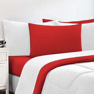 Imagem de Kit Edredom + Jogo De Lençol Malha 100% Algodão Gran Moratta 7 Peças King - Branco-vermelho