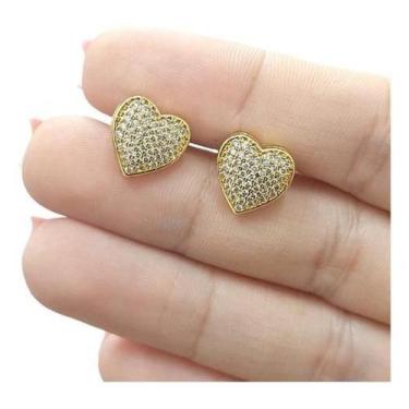 Imagem de Brinco Noiva Festa Coração Pedra Zirconia Folheado Ouro 18K - De Castr
