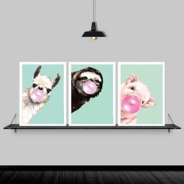 Imagem de Kit 3 Quadros Animais Chicletes Turquesa 33X24Cm Branca