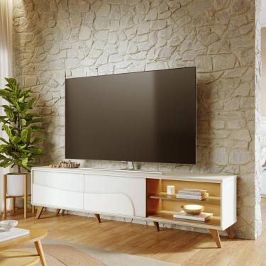 Imagem de Rack para Tv 75 Polegadas com Led Pés em Madeira Maciça Amalfi Off White Matte / Freijó
