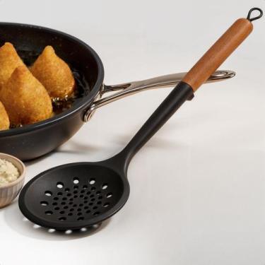 Imagem de Escumadeira De Silicone Cabo Madeira Multiuso Fritura Escorrer Cozinha