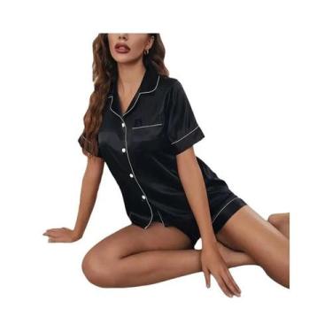 Imagem de Conjunto De Pijama De Seda Para Mulheres Com Camisa De Manga Curta E C