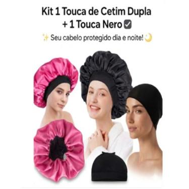 Imagem de Kit Touca de Cetim Dupla e Touca Nero Touca de Dormir Anti Frizz Para 
