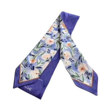 Imagem de Lenço De Cabelo Feminino Em Cetim De Seda Com Estampa Floral, Fita Lon