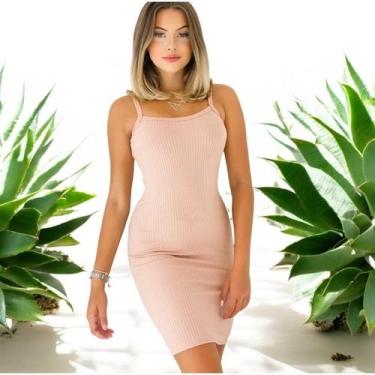 Imagem de Vestido Curto Alcinha Malha Canelada Feminino - NoBrand, Bege