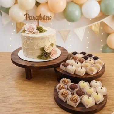 Imagem de Trio Bandejas Boleiras Redondas Doce Salgadinho Festa Decoração Madeir