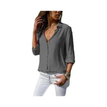 Imagem de Camisa Vintage Feminina De Outono Com Gola Polo, Soltinha, Com Botões,