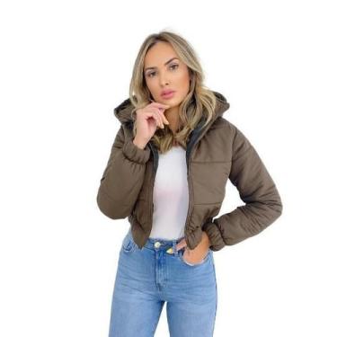 Imagem de Jaqueta Puffer Feminina Lisa Marrom Com Capuz Curta - Charme de Moça, 