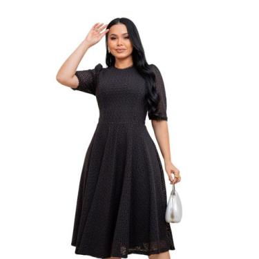 Imagem de Vestido em Malha Tricot Trico Midi Gode Moda Verão Cor:PretoTamanho:P 