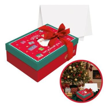 Imagem de Kit Presente Caixa 24x18cm Cheguei Papai Noel Seda Fita Laço Vermelho 