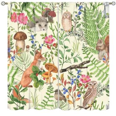 Imagem de Cortinas de plantas vintage, estampa de plantas naturais de animais da floresta verde, decoração de casa, quarto, sala de estar, cozinha, tratamento de janela, conjunto de 2 painéis, total de 107 cm L