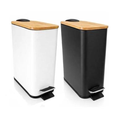 Imagem de Lixeira Slim de Banheiro Cozinha Tampa de Bambu Soft Metal Cor:Branco 