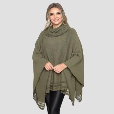 Imagem de Poncho Feminino Tricot Mousse Liso Gola Alta Casaco Lã Inverno - GIP, 