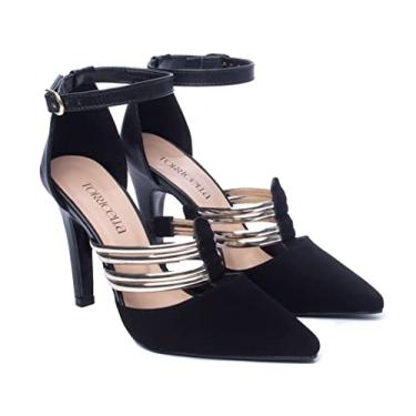 Imagem de SANDALIA SCARPIN, BRANCA OU PRETA, TIRAS DOURADAS, SALTO ALTO, LINDA, CONFORTAVEL, RESISTENTE (34, Preta)