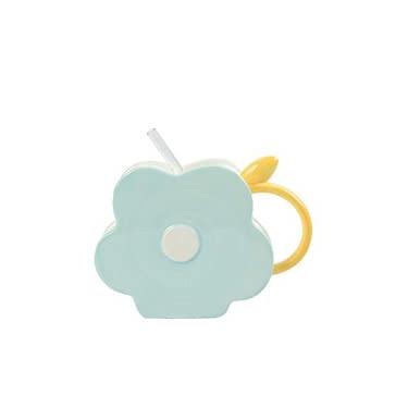 Imagem de seelucky Caneca em forma floral com flor de palha, xícara de café de cerâmica, caneca de leite, caneca de chá, presente de aniversário (flor azul)