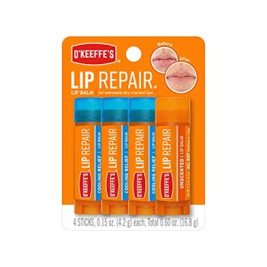 Imagem de O'Keeffe's Protetor labial reparador labial para lábios secos e rachados, bastão, (pacote com 4: 3 refrescantes + 1 sem perfume)