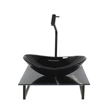 Imagem de KIT CUBA DE VIDRO OVAL 10MM COM TAMPO DE VIDRO 40CM X 40CM MÁRMORE PRETO E SUPORTE PRETO