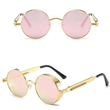 Imagem de Óculos de sol redondos estilo steampunk masculino feminino designer retro redondo armação de metal lente colorida óculos de sol, rosa dourado, outros