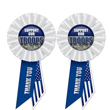Imagem de Beistle 2 peças Support Our Troops American Flag USA Rosette Ribbons para 4 de julho, decorações patrióticas, artigos e lembrancinhas de festa do dia da independência, 16,5 x 8,2 cm, azul/branco/prata