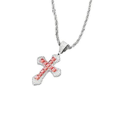 Imagem de CAIHANV Colar com pingente de cruz de zircão colorido para mulheres ou homens, colar de cruz de ouro branco diamante cheio de hip hop, 61 cm., Zircônia cúbica, Zircônia cúbica